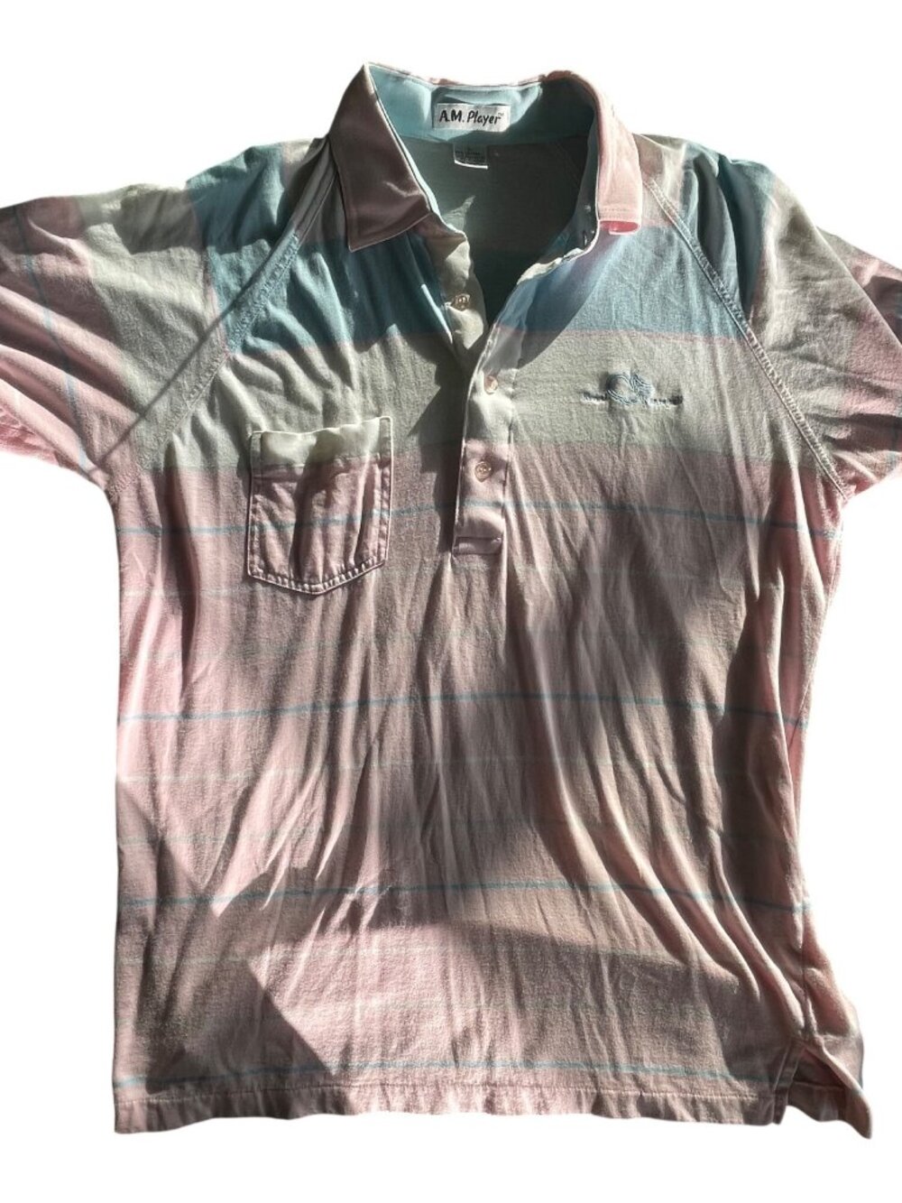 A.M. Player Mens Striped Golf Polo Shirt L Pastel Pink & Blue Cotton Blend Short